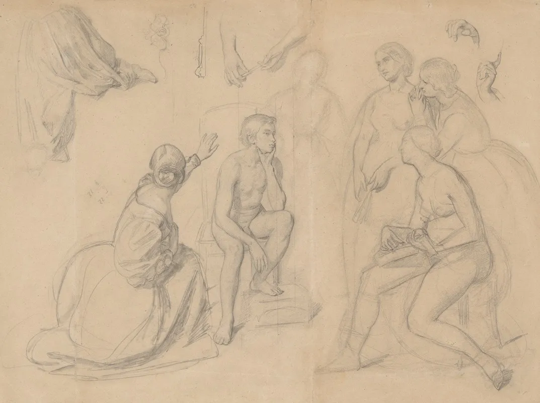 Fragment Of Composition With The Prince Figure And The Ladies Gathered Around Him For The Painting The Upbringing Of Sigismund Augustus Wall Art by Józef Simmler - High-Resolution Digital Print