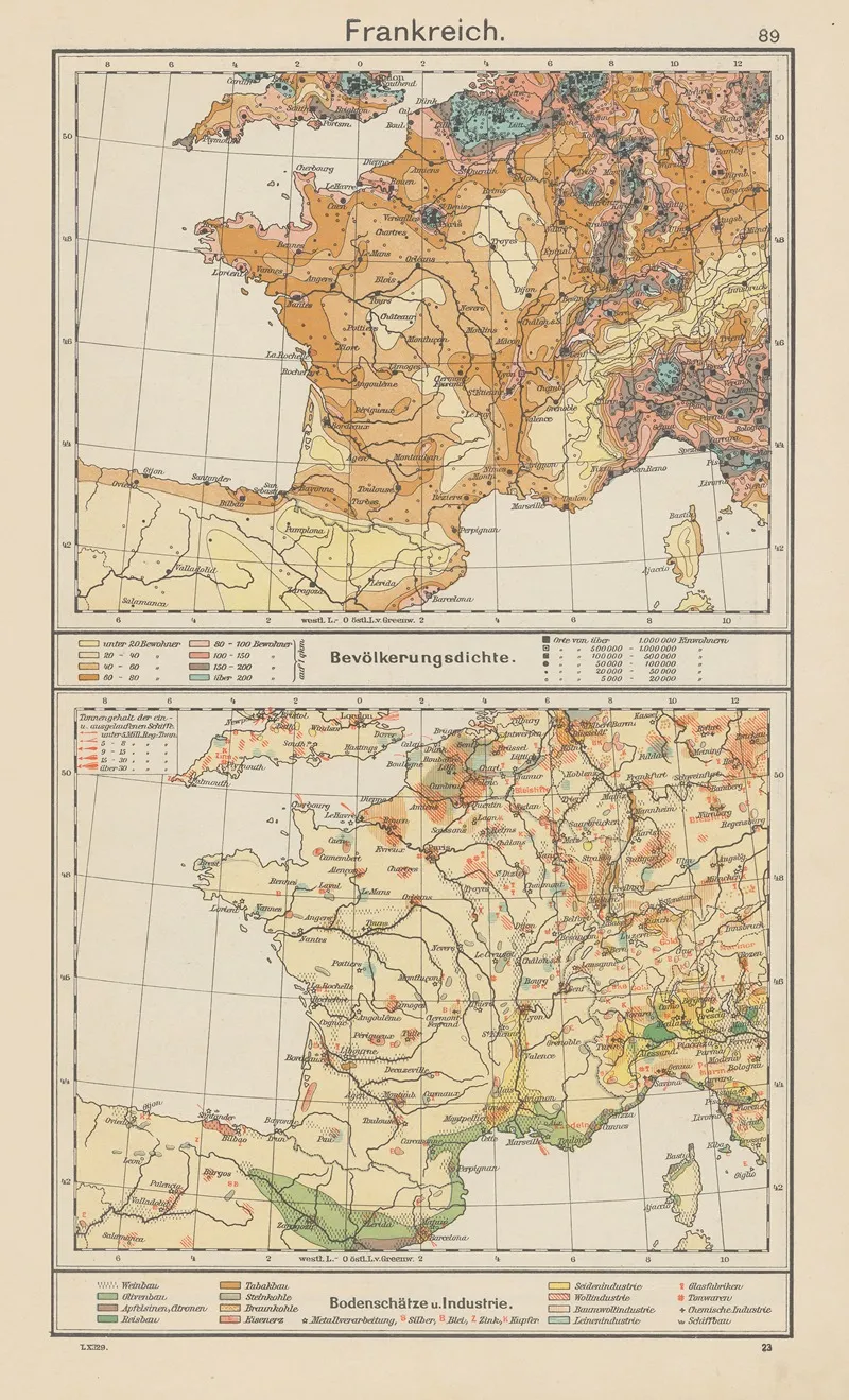 Frankreich Bevolkerungsdichte bodenschatze und industrie Wall Art by Carl Diercke - High-Resolution Digital Print