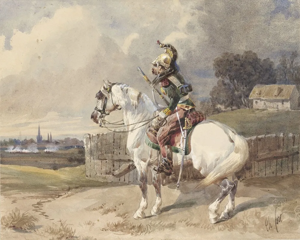 Franse Dragonder Op Een Wit Paard Links Gewend In Profiel Wall Art by Théodore Fort - High-Resolution Digital Print
