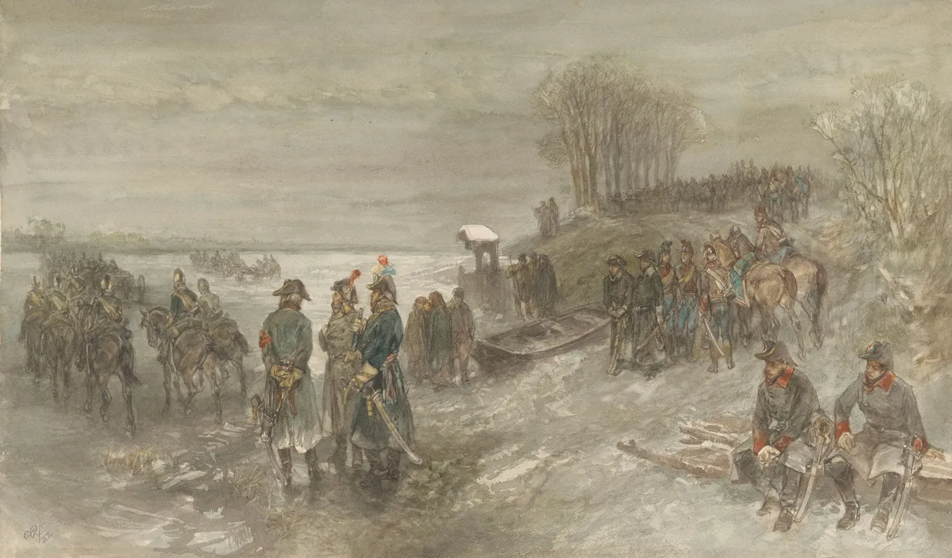 Franse Troepen Trekken Over Een Bevroren Rivier