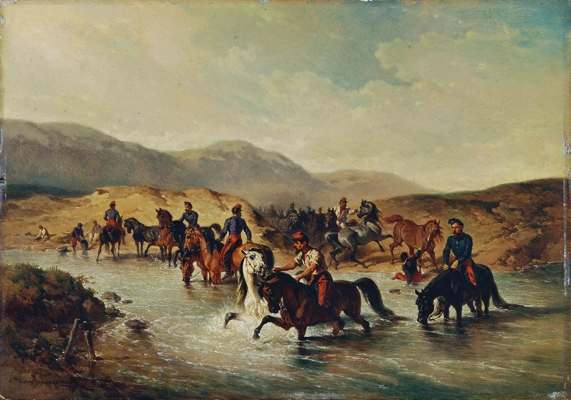 Franzosische Kavallerie In Der Pferdeschwemme Wall Art by Joseph Anton Strassgschwandtner - High-Resolution Digital Print