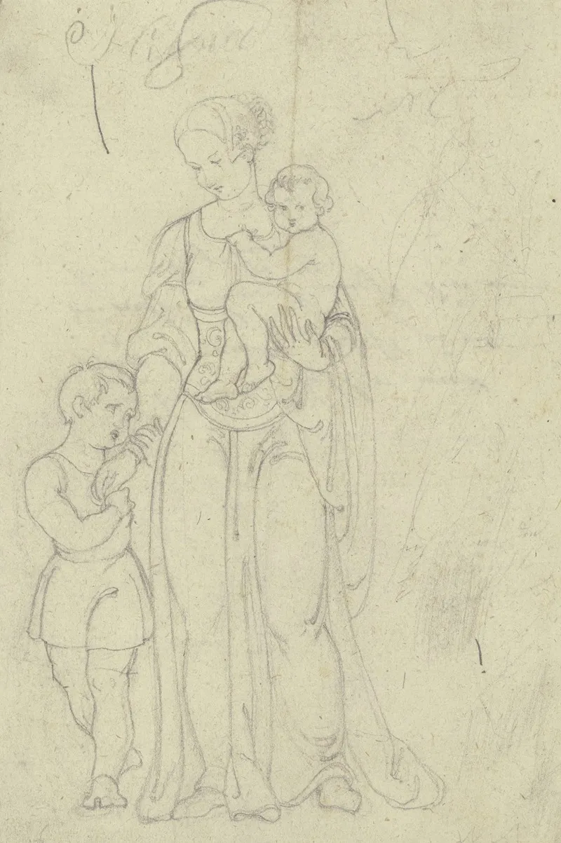 Frau Im Renaissance Habit Mit Einem Kind Auf Dem Arm Und Einem Jungen Zu Ihrer Rechten