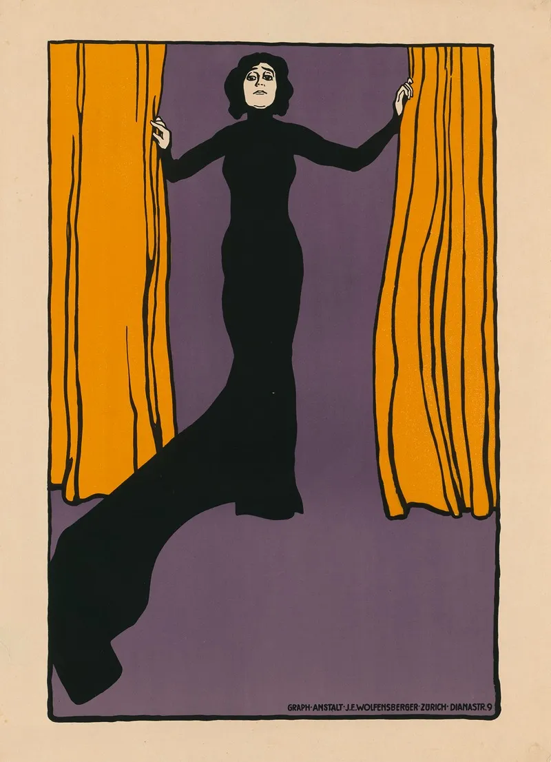Frau In Schwarzem Kleid Zwischen Vorhang Stehend Wall Art by J. E. Wolfensberger - High-Resolution Digital Print