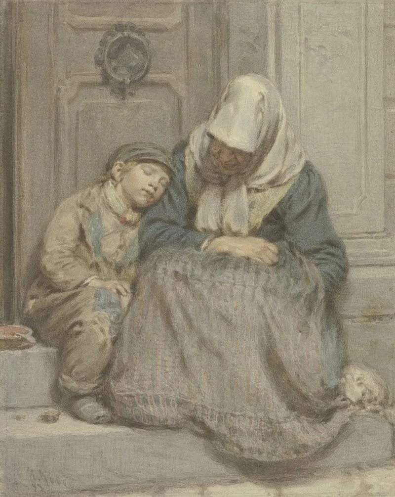 Frau Mit Knabe Vor Einer Ture Schlafend Wall Art by Angilbert Göbel - High-Resolution Digital Print
