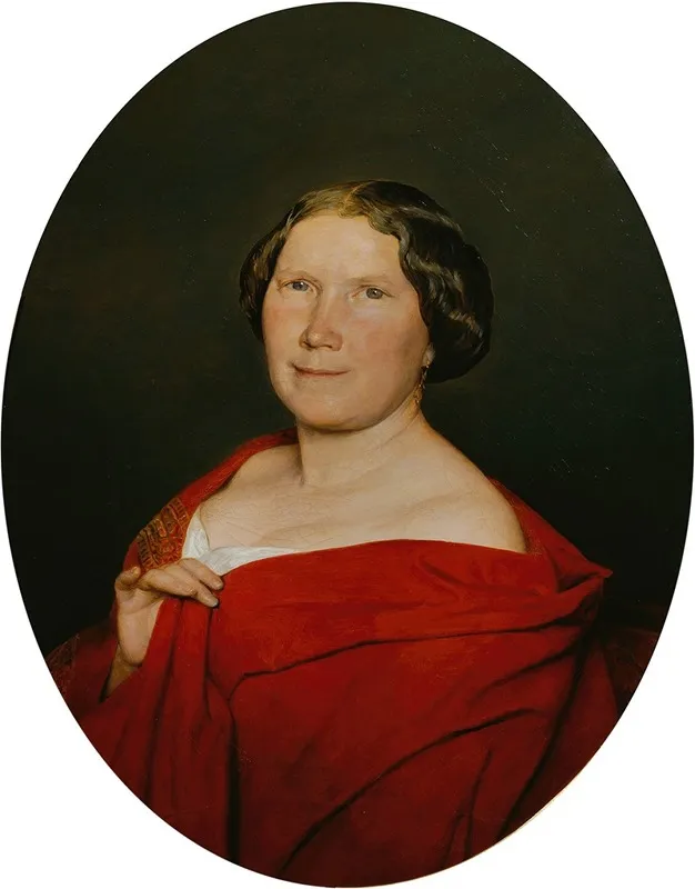 Frau Mit Lachsrotem Umhang Wall Art by Ferdinand Georg Waldmüller - High-Resolution Digital Print