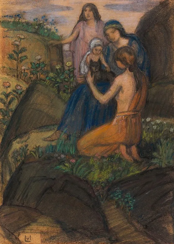 Frauen Mit Kind In Arkadischer Landschaft Wall Art by Ludwig von Hofmann - High-Resolution Digital Print