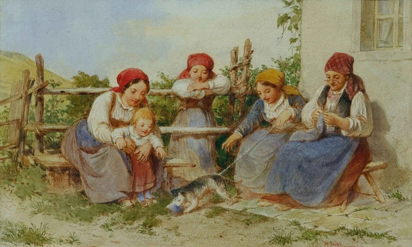 Frauen Und Kinder Mit Spielender Katze Wall Art by Heinrich Stohl - High-Resolution Digital Print