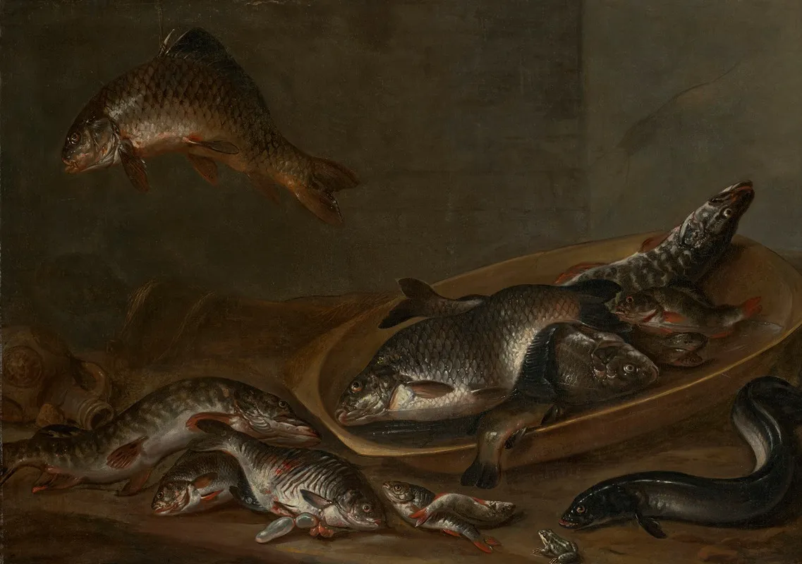 Freshwater Fish An Eel And A Frog On A Table Wall Art by Isaac van Duynen - High-Resolution Digital Print