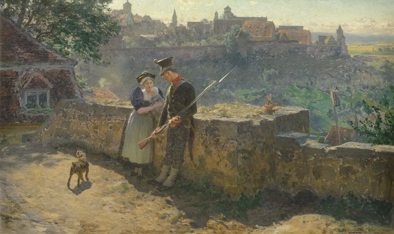 Friede Im Lande Schildwache In Unterhaltung Mit Einer Frau Die Ein Kind Auf Den Armen Tragt Wall Art by Robert Pötzelberger - High-Resolution Digital Print