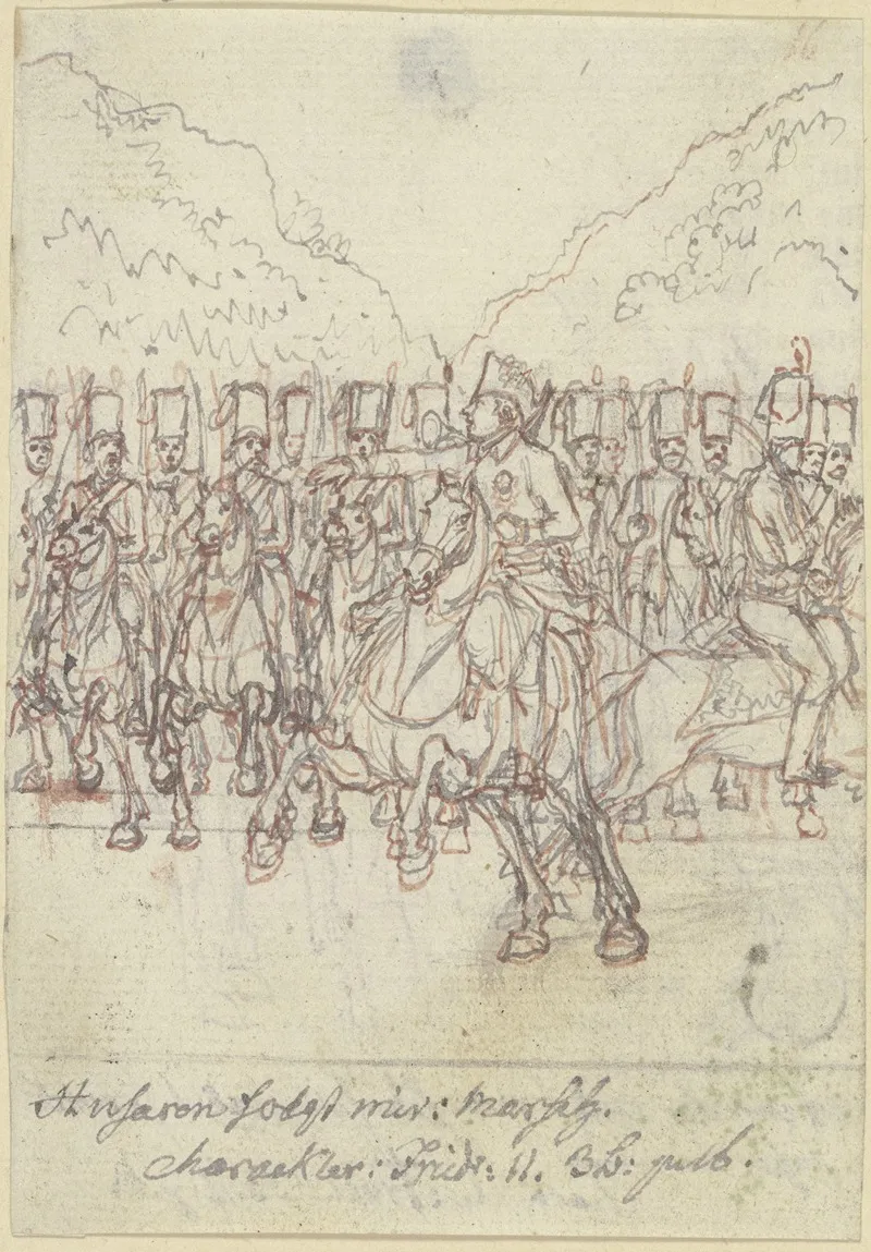 Friedrich Der Grose Zu Pferde Vor Einer Gruppe Von Husaren