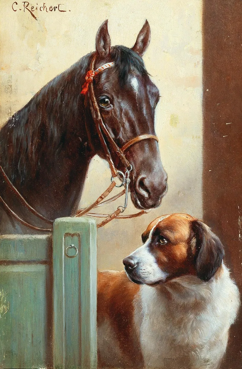 Friends A Bay And A St Bernard In A Stable