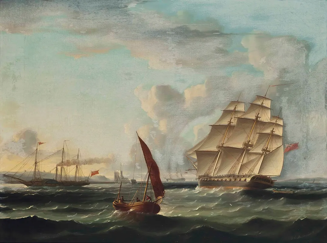 Frigate Approaching The Mouth Of The Tagus With A Paddle Steamer Passing The Belem Tower Lisbon