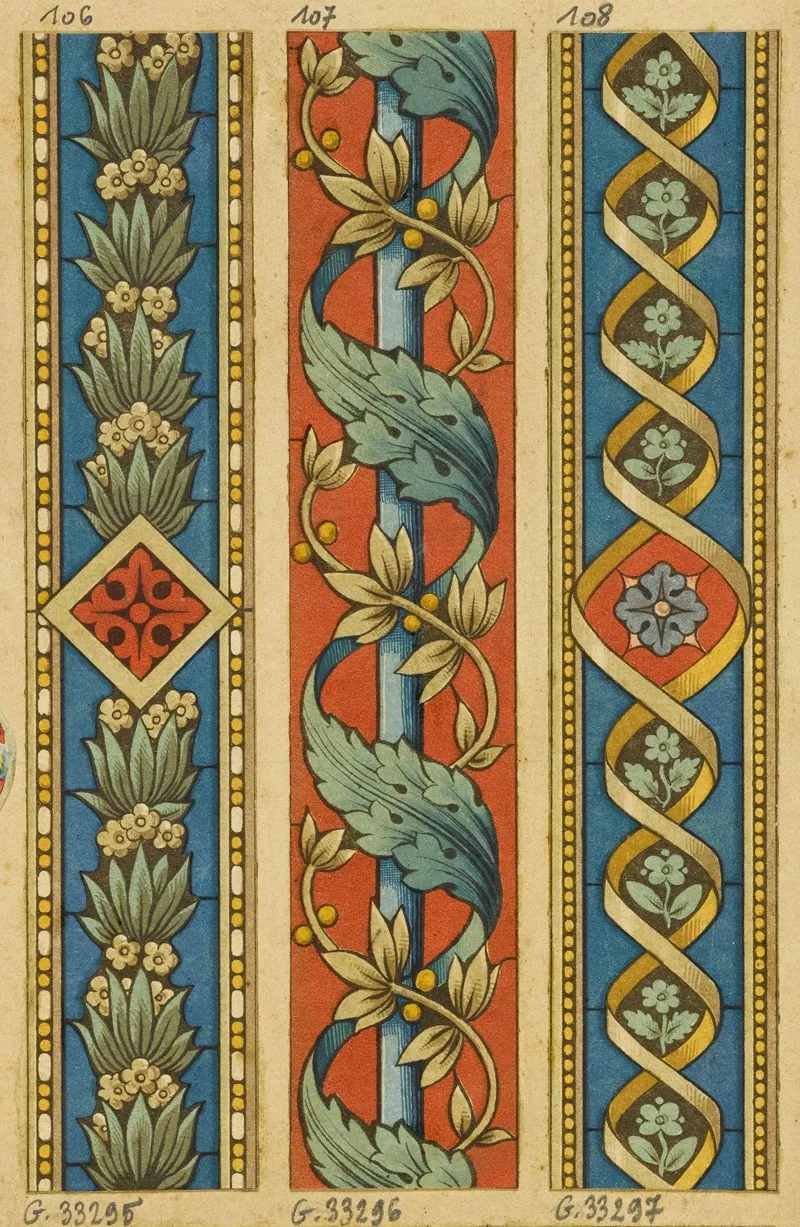 Frise Decorative Feuillages Et Fleurs Sur Fond Bleu Losange Rouge Wall Art by Laurent Gsell - High-Resolution Digital Print