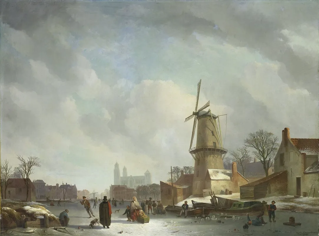 Frolicking On A Frozen Canal In A Town Wall Art by Abraham Johannes Couwenberg - High-Resolution Digital Print