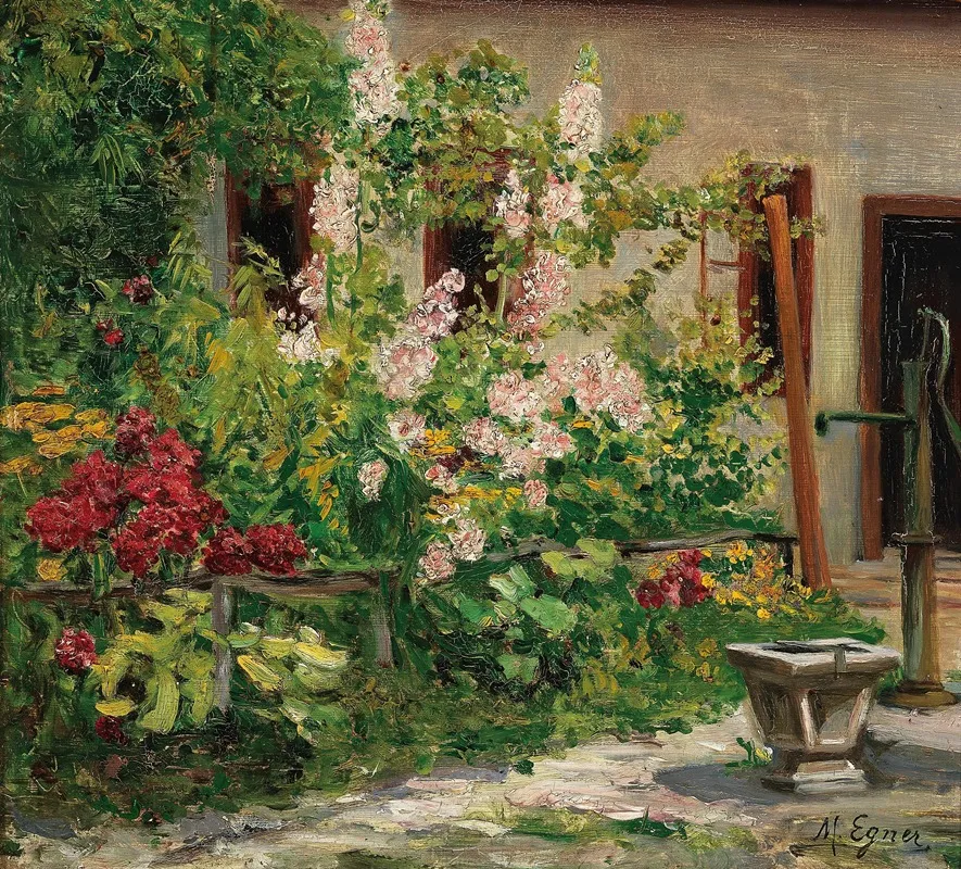 Front Garden With Blossoming Hollyhocks Wall Art by Marie Egner - High-Resolution Digital Print