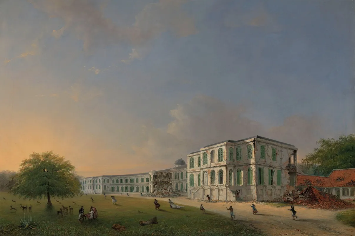 Front View Of Buitenzorg Palace During The Earthquake Of 10 October 1834 Wall Art by Willem Troost the younger - High-Resolution Digital Print