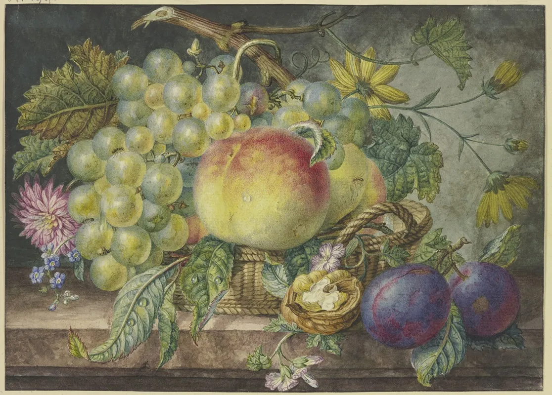 Fruchtstuck Ein Korb Mit Trauben Und Pfirsichen Dabei Eine Nuss Und Zwei Pflaumen Wall Art by Oswald Wijnen - High-Resolution Digital Print