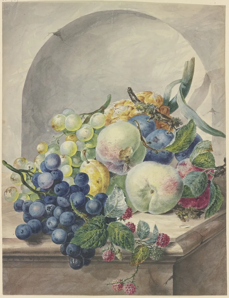 Fruchtstuck In Einer Nische Auf Einem Marmortische Pflaumen Pfirsiche Trauben Und Brombeeren Wall Art by Paul Theodor Van Brussel - High-Resolution Digital Print