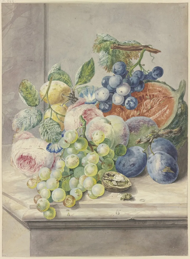 Fruchtstuck Mit Einer Aufgeschnittenen Melone Und Zwei Rosen Trauben Pfirsichen Pflaumen Und Einer Walnuss Wall Art by Paul Theodor Van Brussel - High-Resolution Digital Print