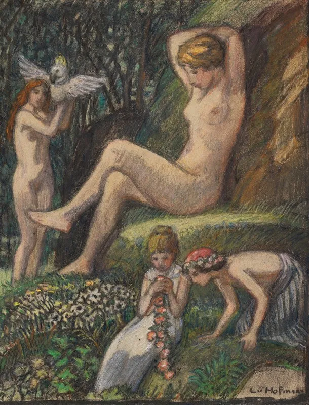 Fruhlingsidylle Mit Badender Und Blumenkindern Wall Art by Ludwig von Hofmann - High-Resolution Digital Print