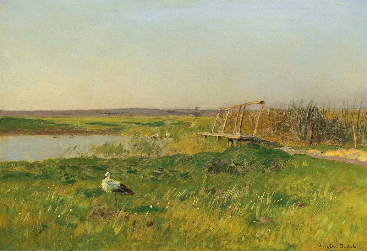 Fruhlingslandschaft Mit Storchen An Einem Weiher