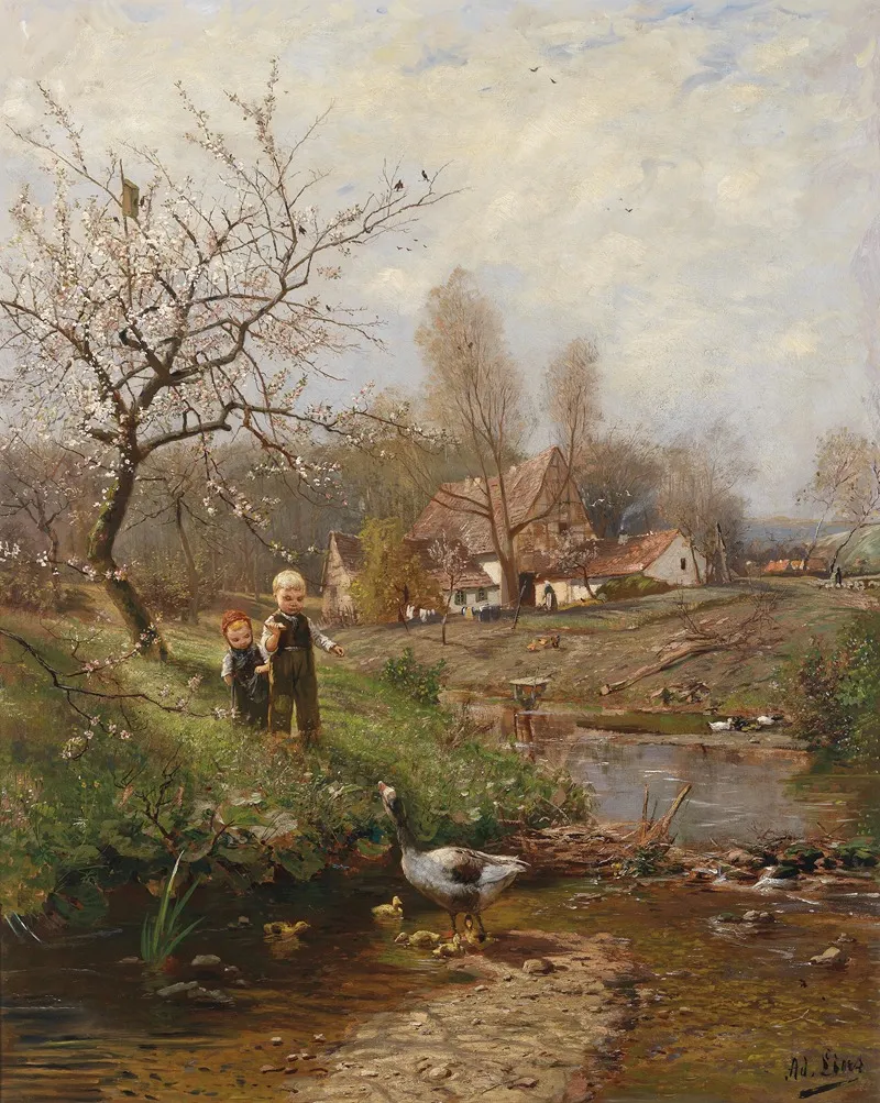 Fruhlingslandschaft Mit Zwei Kindern Und Gansen