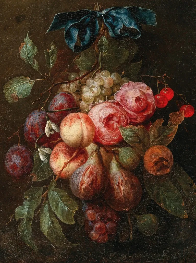 Fruit And Flowers Hanging From A Ribbon Wall Art by Joris van Son - High-Resolution Digital Print