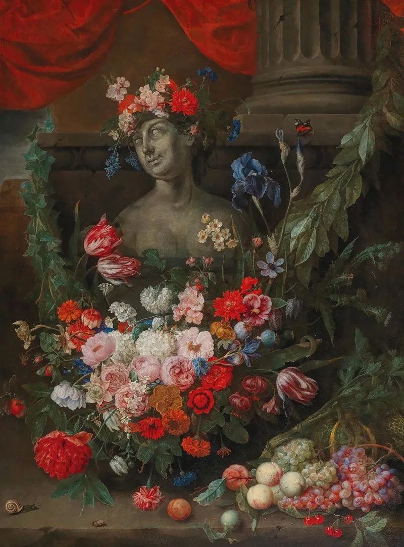 Fruit And Flowers Surrounding A Stone Bust Of The Goddess Flora Wall Art by Joris van Son - High-Resolution Digital Print