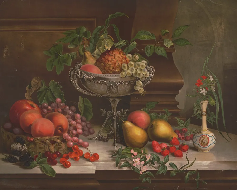 Fruit In A Basket And A Bowl With Flowers In White Red And Blue Vase