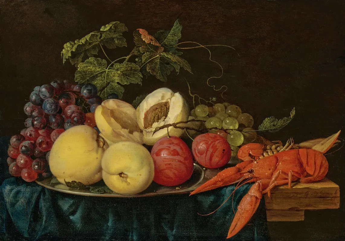 Fruit On A Silver Platter With Lobsters On A Partially Draped Table Wall Art by Jan Davidsz de Heem - High-Resolution Digital Print