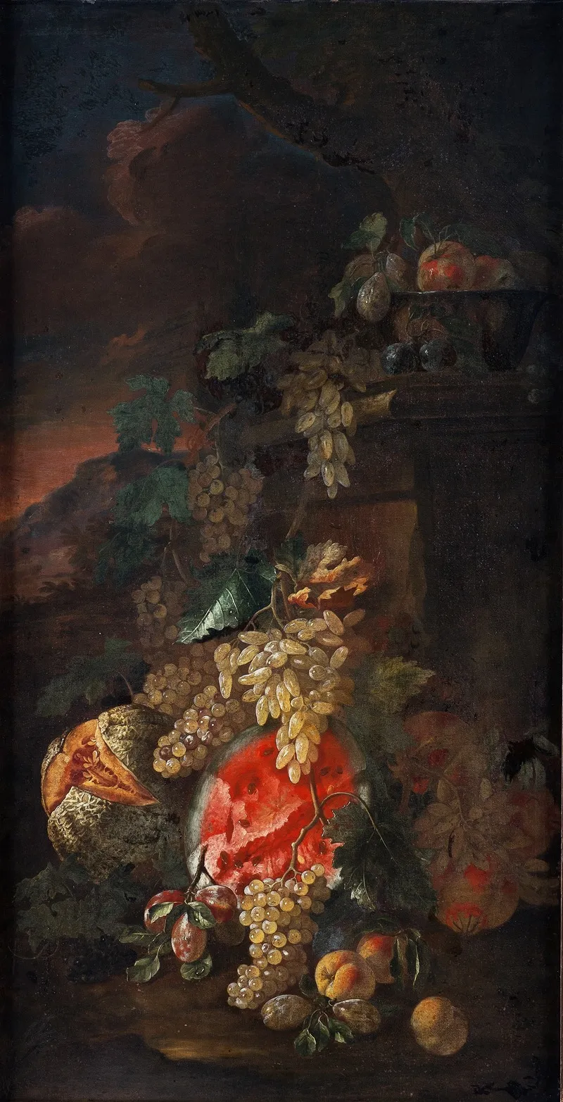 Fruit Piece With A Landscape Background Wall Art by Giovanni Paolo Spadino - High-Resolution Digital Print