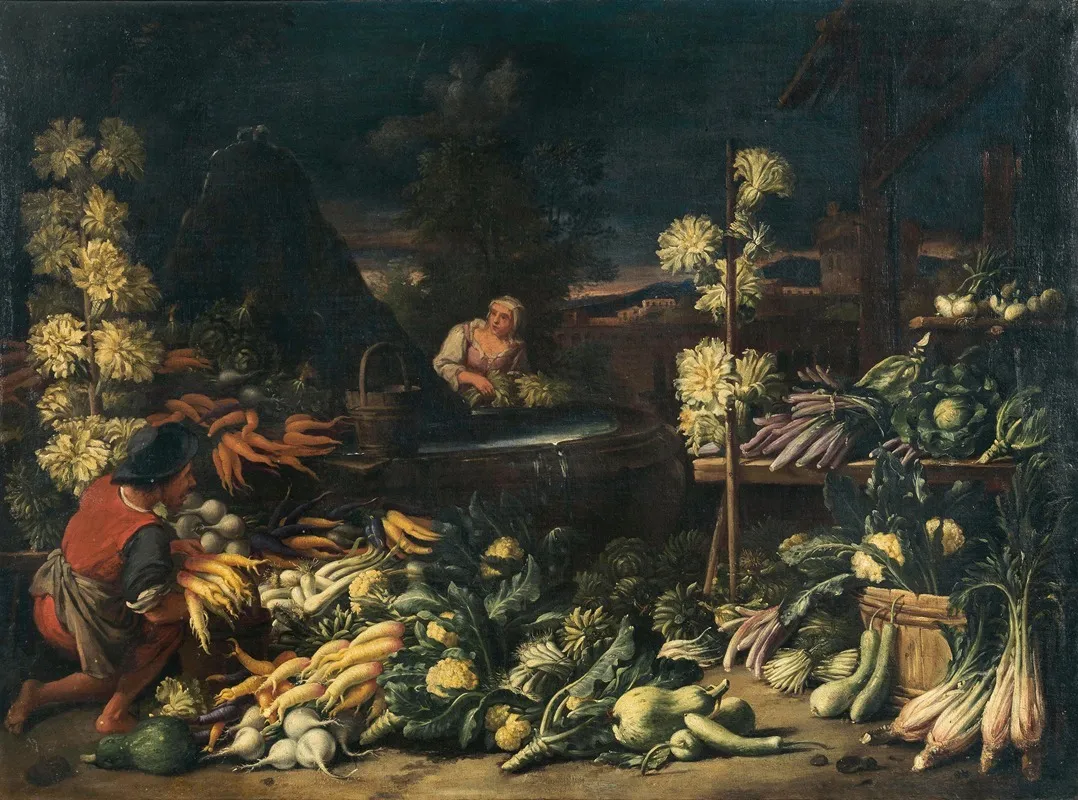 Fruit Sellers By A Fountain With Vegetables And Flowers Wall Art by Francesco della Questa - High-Resolution Digital Print