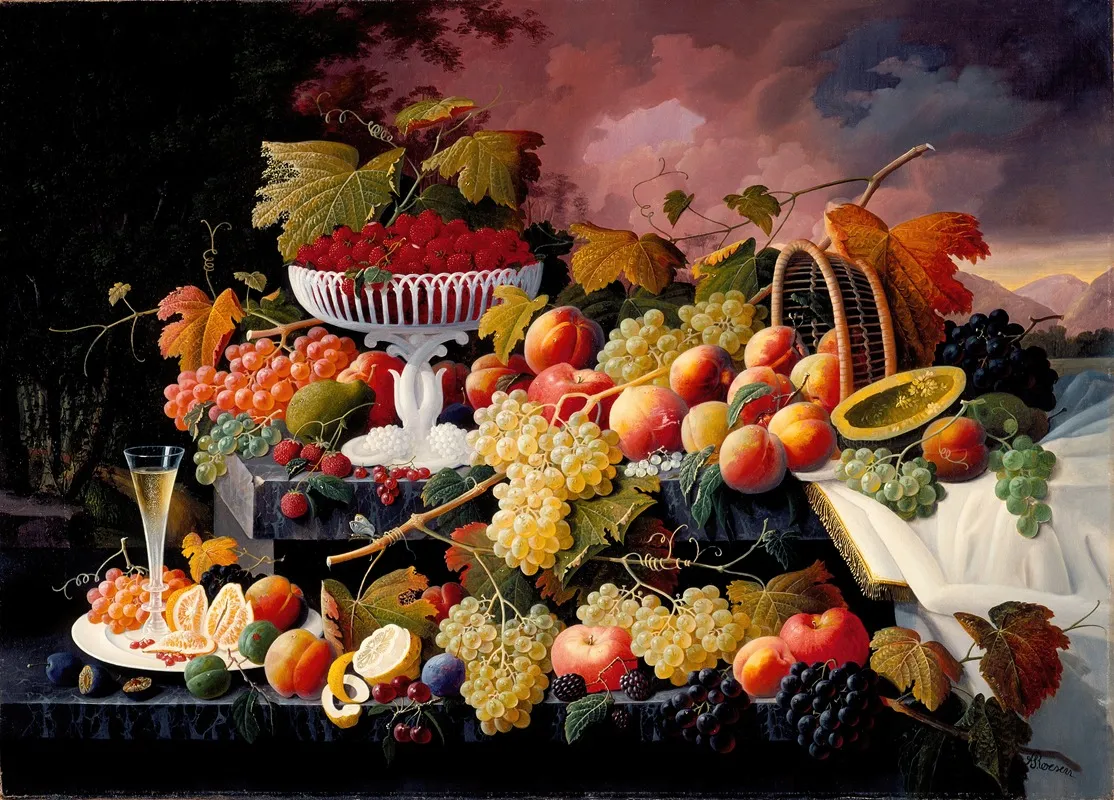 Fruit Still Life In A Landscape Wall Art by Severin Roesen - High-Resolution Digital Print