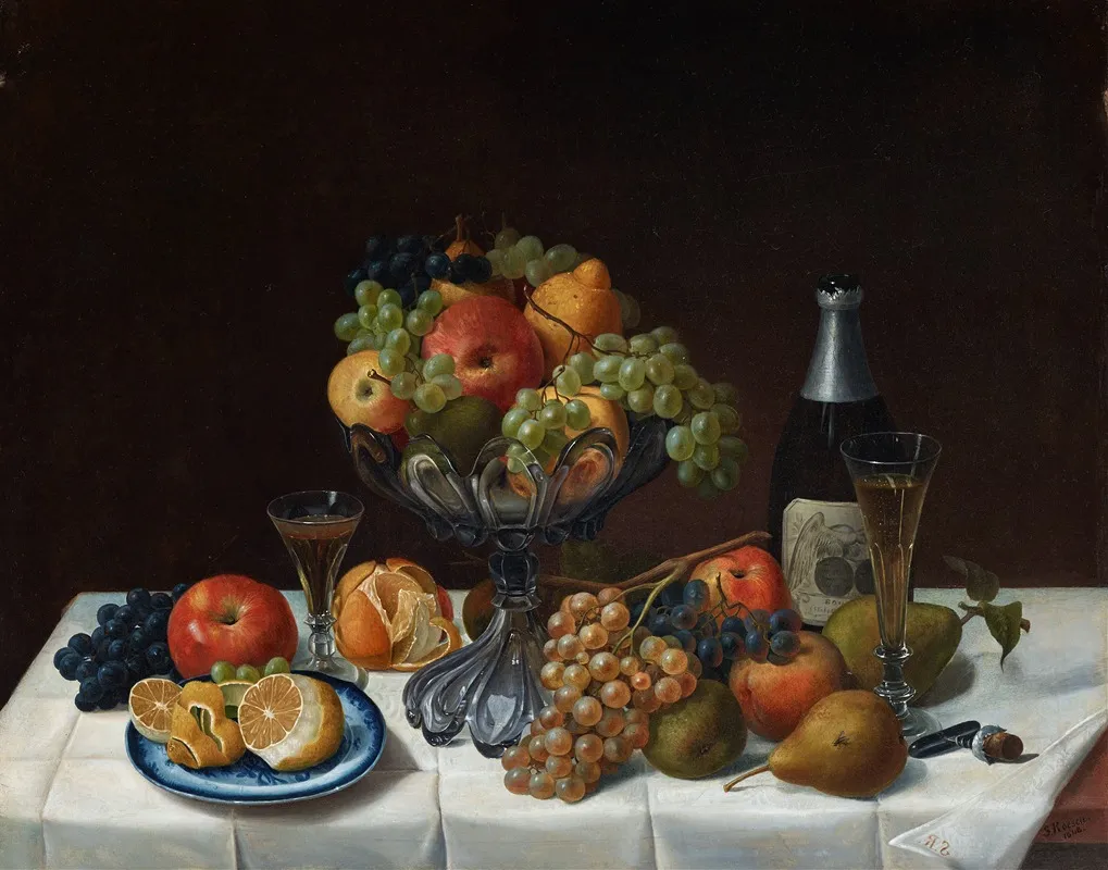 Fruit Still Life With Champagne Bottle Wall Art by Severin Roesen - High-Resolution Digital Print