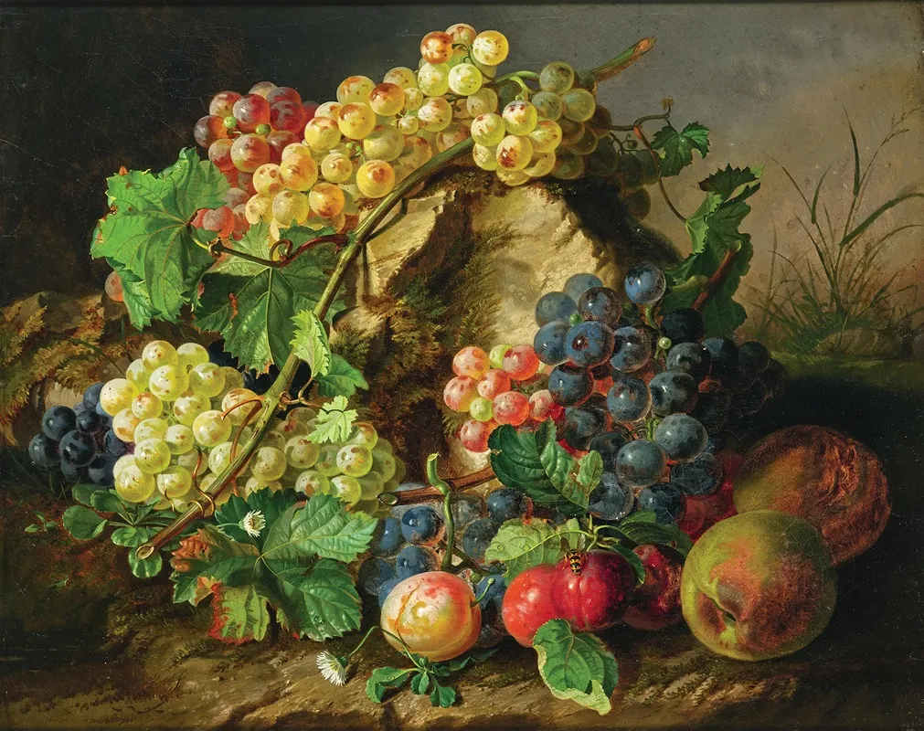 Fruit Still Life With Grapes Apples And A Wasp Wall Art by Antal Jozsef Strohmayer - High-Resolution Digital Print