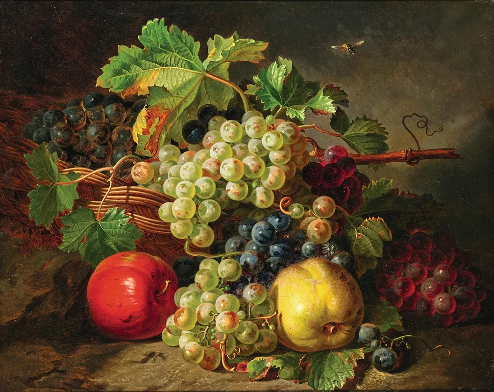 Fruit Still Life With Grapes Apples And Daisies Wall Art by Antal Jozsef Strohmayer - High-Resolution Digital Print