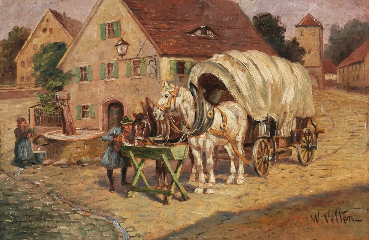 Fuhrwerk Am Dorfbrunnen