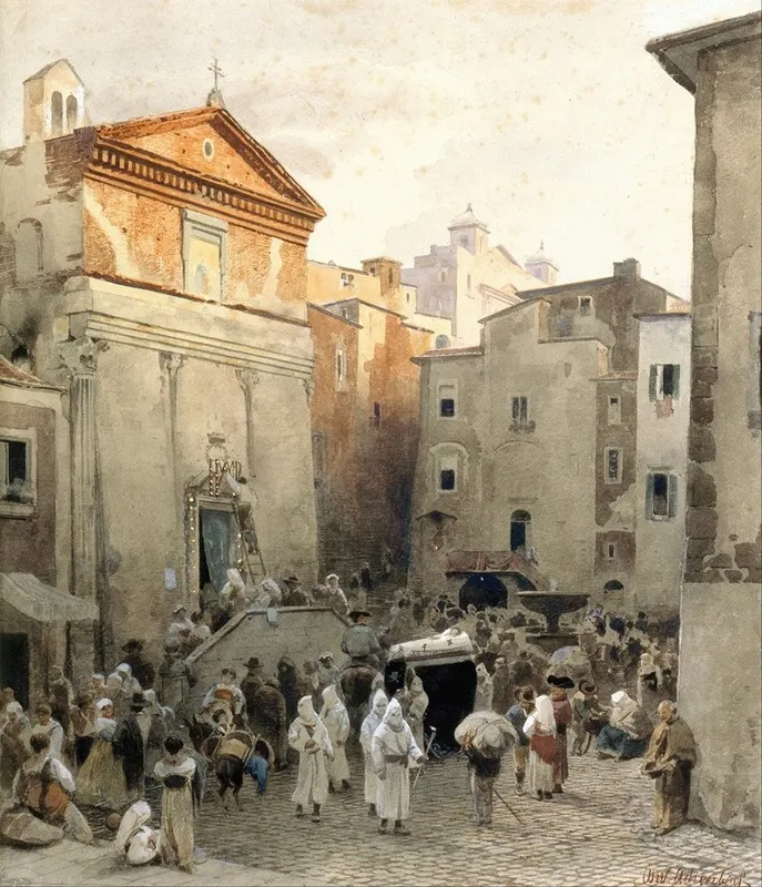 Funeral In Palestrina Wall Art by Oswald Achenbach - Canvas Print