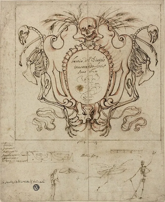 Funereal Cartouche With Inscription And Sketches Of Skeletons And Ornamental Details Wall Art by Baccio del Bianco - High-Resolution Digital Print