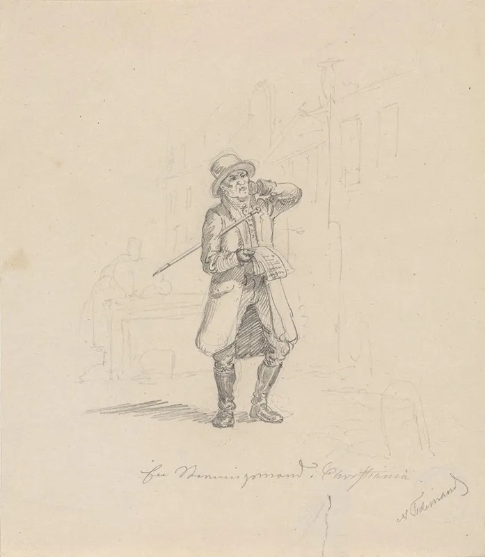 Gaende Mann Med Hatt Stokk Og Landstovler Wall Art by Adolph Tidemand - High-Resolution Digital Print