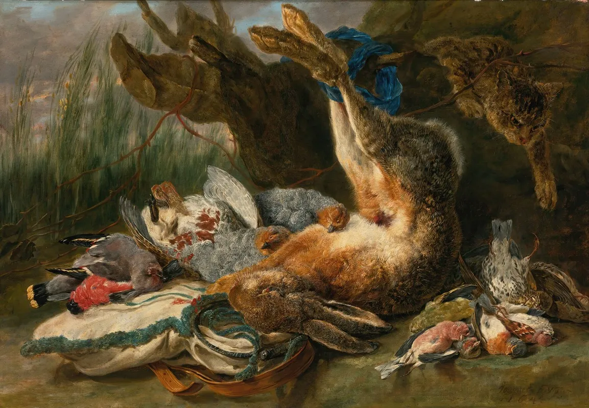 Gamepiece With A Hare And Various Wild Birds A Cat Approaching From The Right Wall Art by Jan Fyt - High-Resolution Digital Print