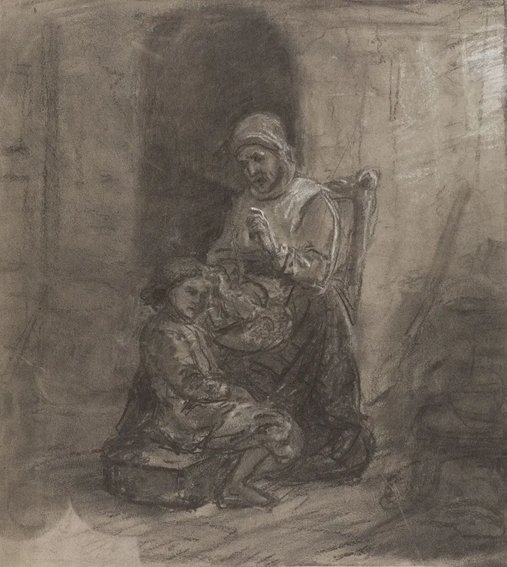 Gammel Kone Og Liten Gutt I Interior Wall Art by Adolph Tidemand - High-Resolution Digital Print
