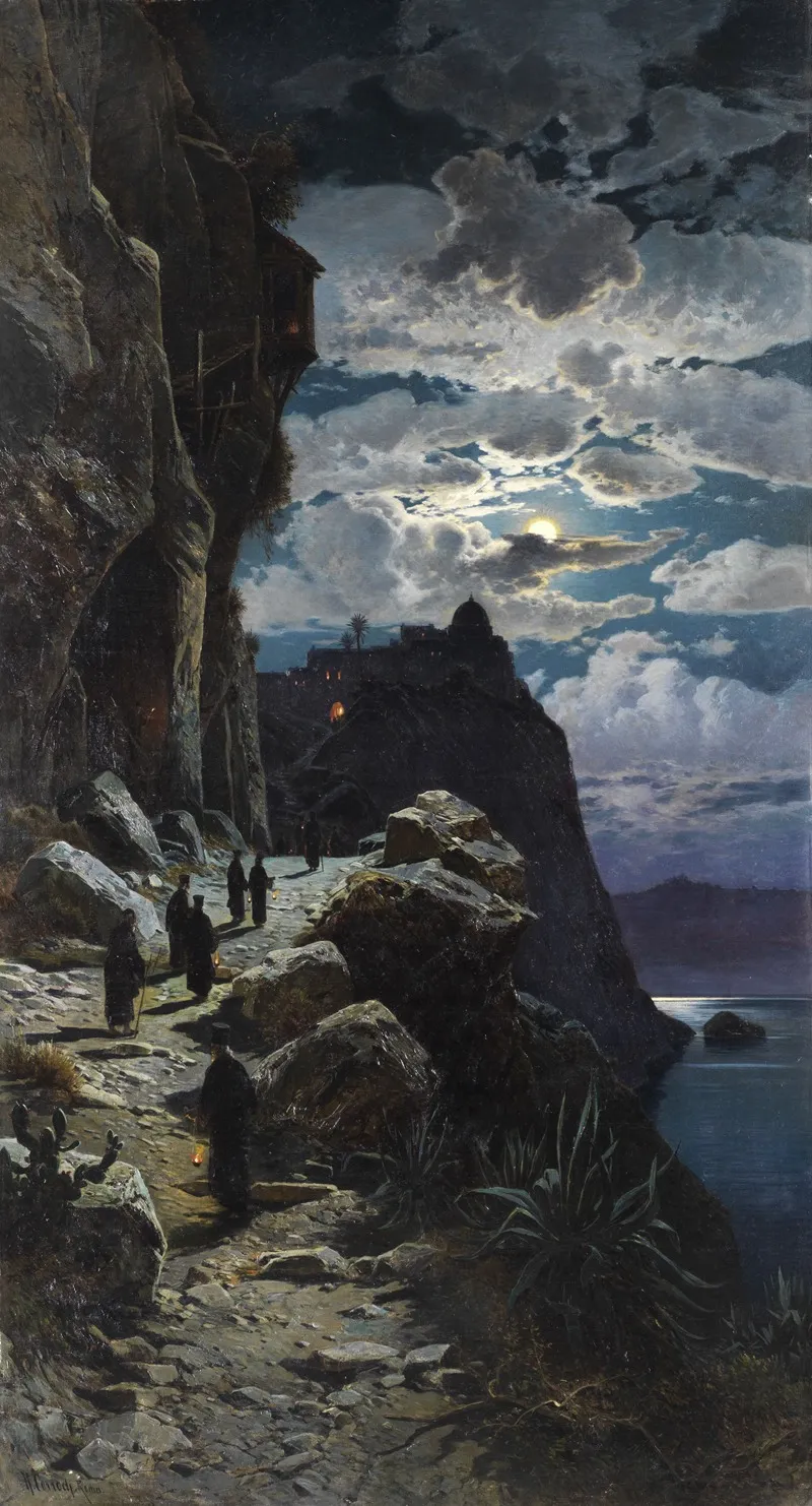 Gang Der Monche Zum Bergkloster Athos