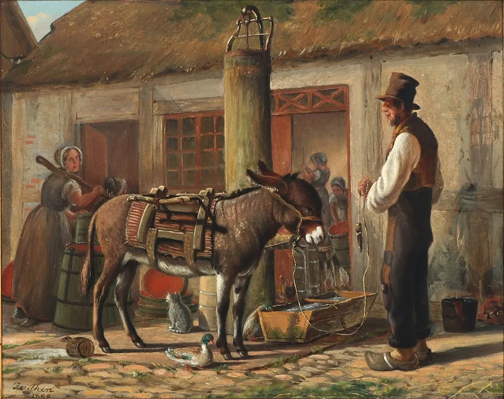 Gardeksterior Med Figurer Og Dyr Omkring Vandtruget Wall Art by Christian Olavius Zeuthen - High-Resolution Digital Print