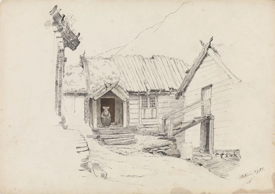 Gardstun Med Sittende Kone I Dorapningen Wall Art by Adolph Tidemand - High-Resolution Digital Print
