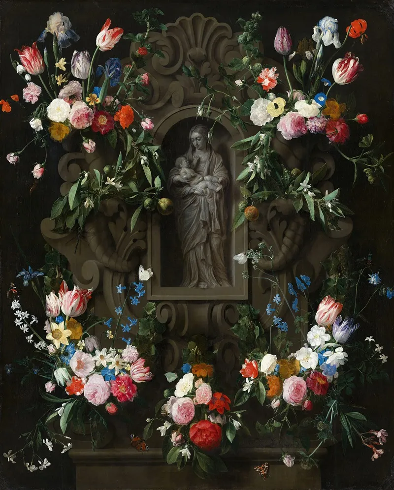Garland Of Flowers Surrounding A Sculpture Of The Virgin Mary Wall Art by Daniel Seghers - High-Resolution Digital Print