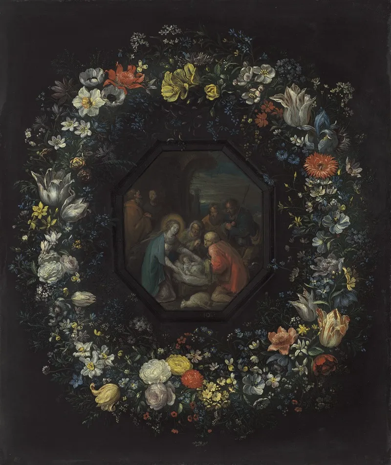 Garland Of Flowers With Adoration Of The Shepherds 2 Wall Art by Frans Francken the Younger - High-Resolution Digital Print