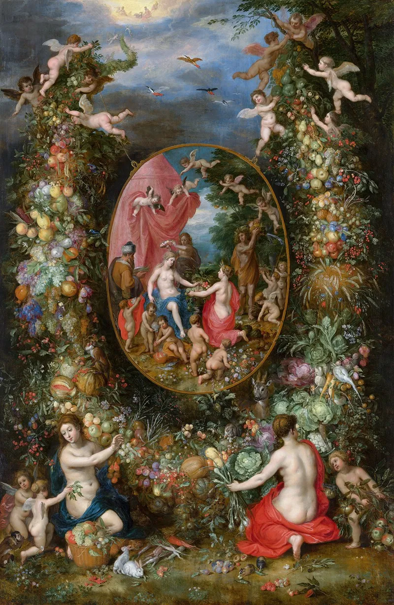 Garland Of Fruit Surrounding A Depiction Of Cybele Receiving Gifts From Personifications Of The Four Seasons Wall Art by Jan Brueghel The Elder - High-Resolution Digital Print