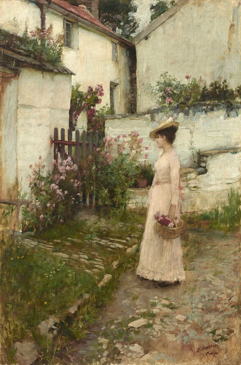 Gathering Flowers In A Devonshire Garden Wall Art by John William Waterhouse - High-Resolution Digital Print