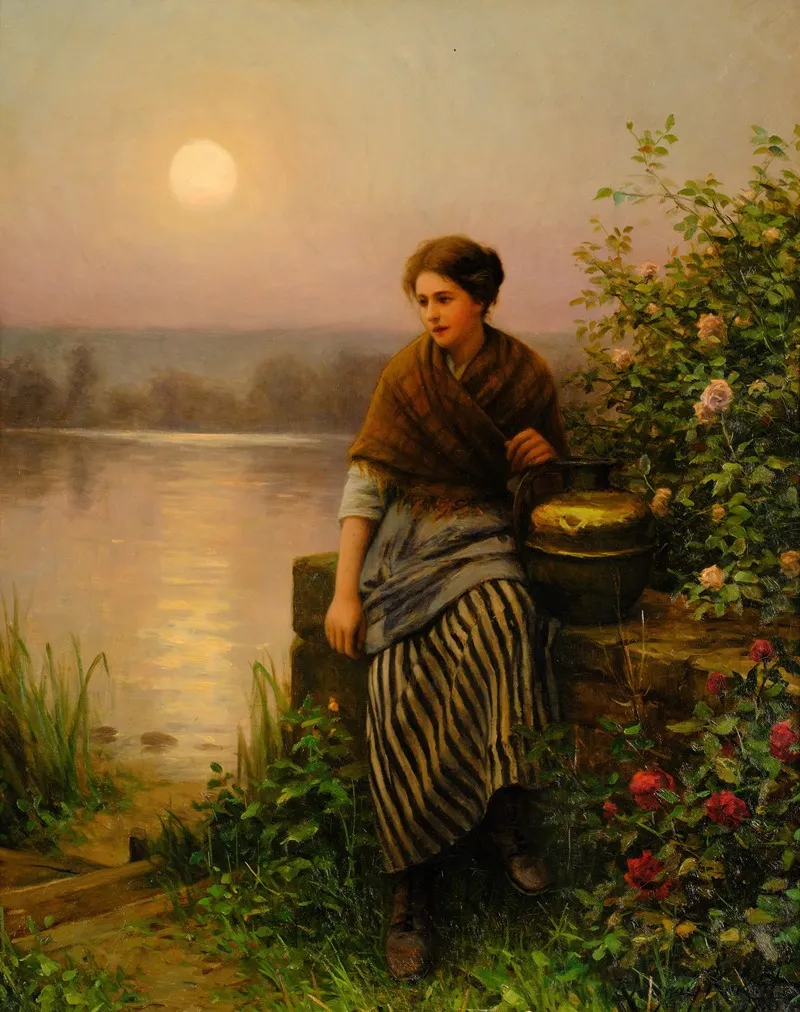 Gathering Roses At Dusk Wall Art by Daniel Ridgway Knight - High-Resolution Digital Print